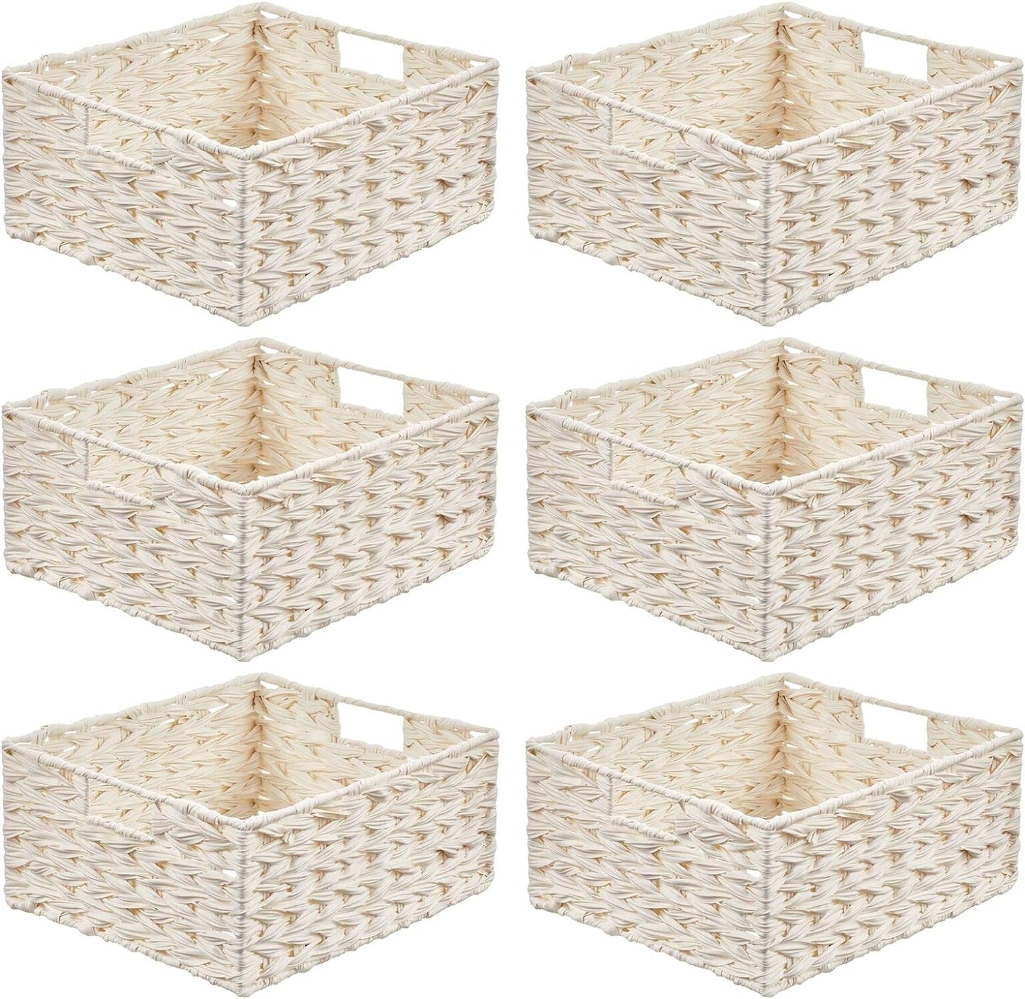 Woven Farmhouse Kitchen Pantry Food Storage Organizer Basket Bin Box - Container Organization for Cabinets, Cupboards, Shelves, Countertops - Store Potatoes, Onions, Fruit - 6 Pack - White