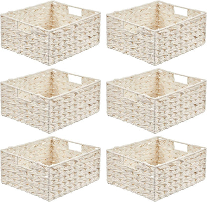 Woven Farmhouse Kitchen Pantry Food Storage Organizer Basket Bin Box - Container Organization for Cabinets, Cupboards, Shelves, Countertops - Store Potatoes, Onions, Fruit - 6 Pack - White