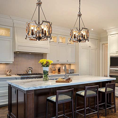 6-Light Farmhouse Chandelier Round Shade, Hand-Painted White Oak Wood.