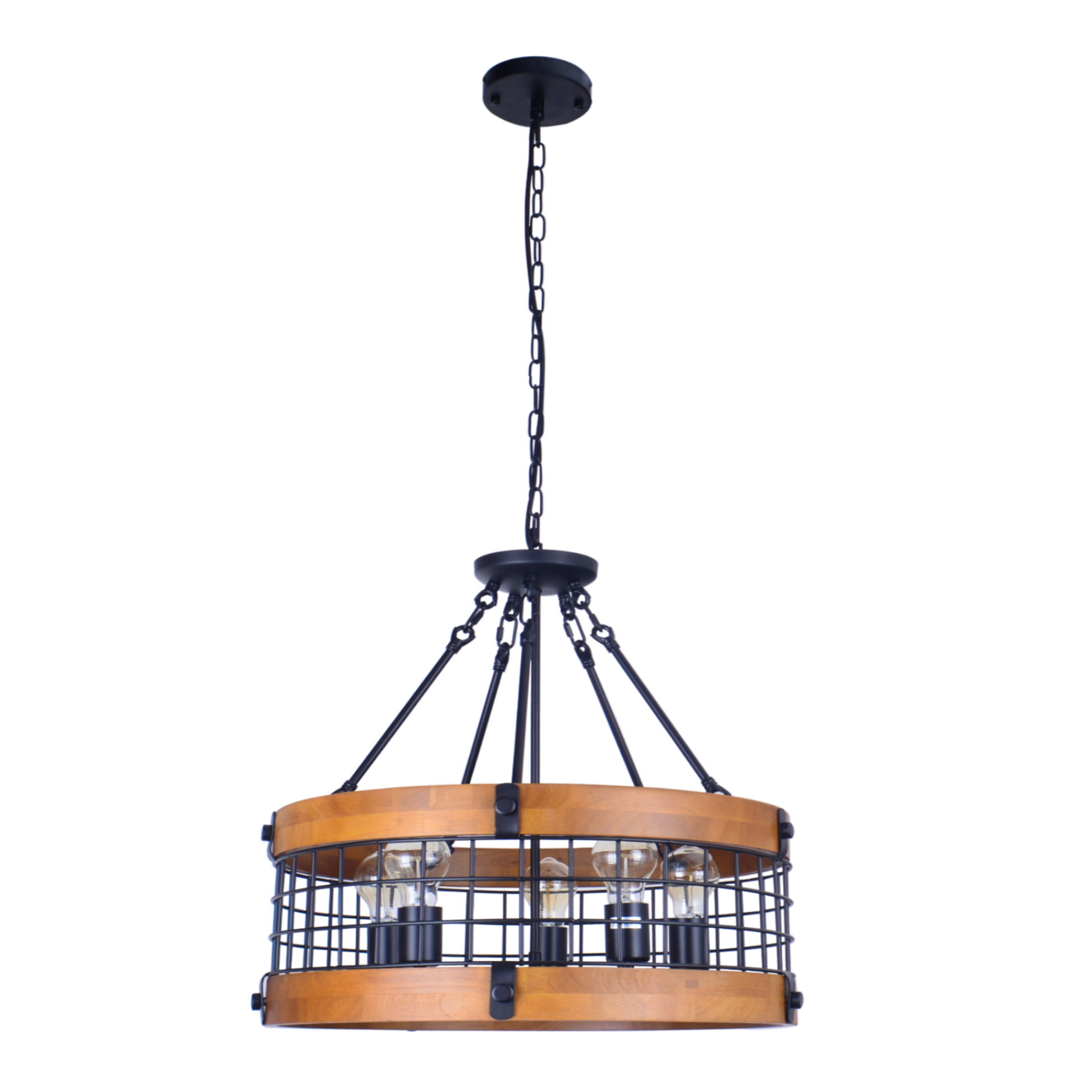 5-Light Modern Farmhouse Chandelier Round Shade, Wood Drum Chandeliers Pendant Lighting ,Hanging Light ,Vintage Industrial Wooden Ceiling Light with Iron Cage Pendant. 