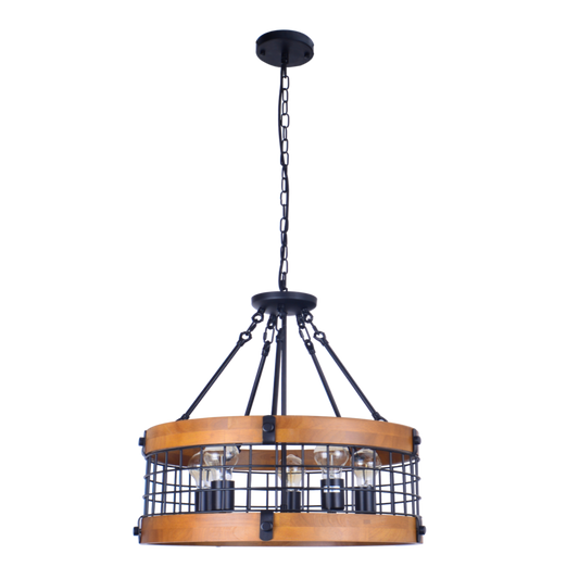 5-Light Modern Farmhouse Chandelier Round Shade, Wood Drum Chandeliers Pendant Lighting ,Hanging Light ,Vintage Industrial Wooden Ceiling Light with Iron Cage Pendant. 