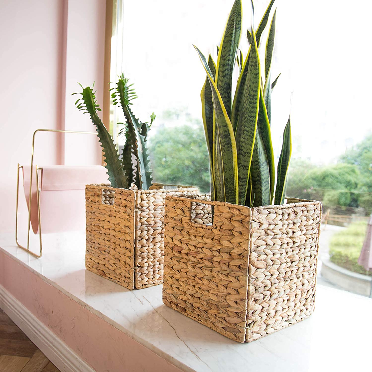 Home Fresh  6 Pack Natural Woven Hyacinth Closet Storage Organizer Basket Bin - Collapsible - for Cube Furniture Shelving Handwoven Wicker Baskets (with Handles), in Closet, Bedroom, Bathroom, Entryway, Office,20*20*20inch